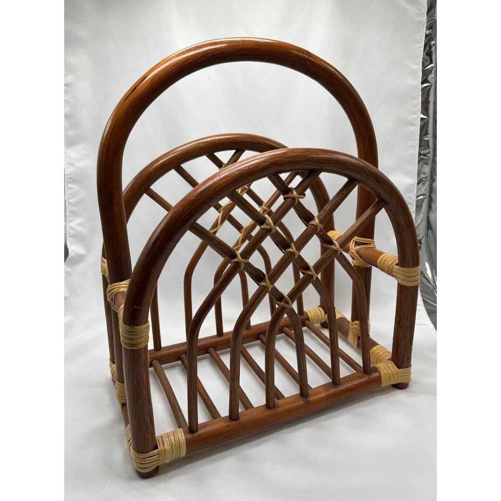 Rattan Magazine Rack‎ Bamboo Wood Book Holder Boho Decor Vintage Mid Century